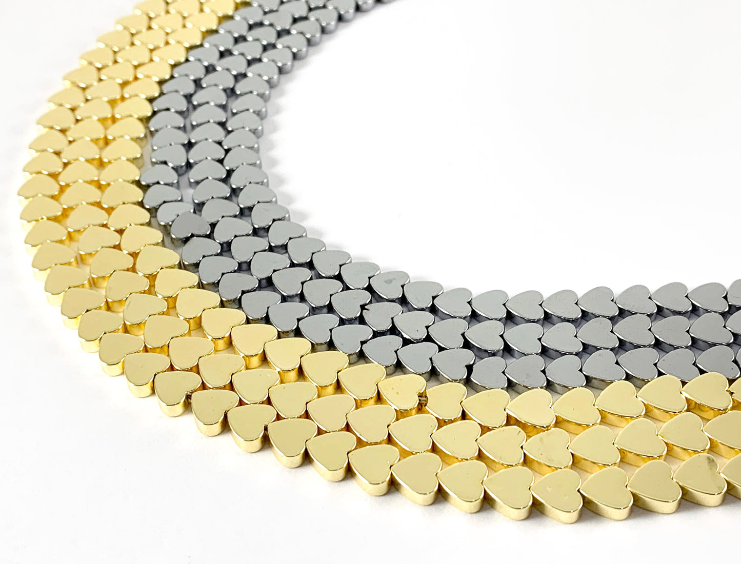 18K Gold/Rhodium Plated Hematite Heart Shiny Beads Around 15"