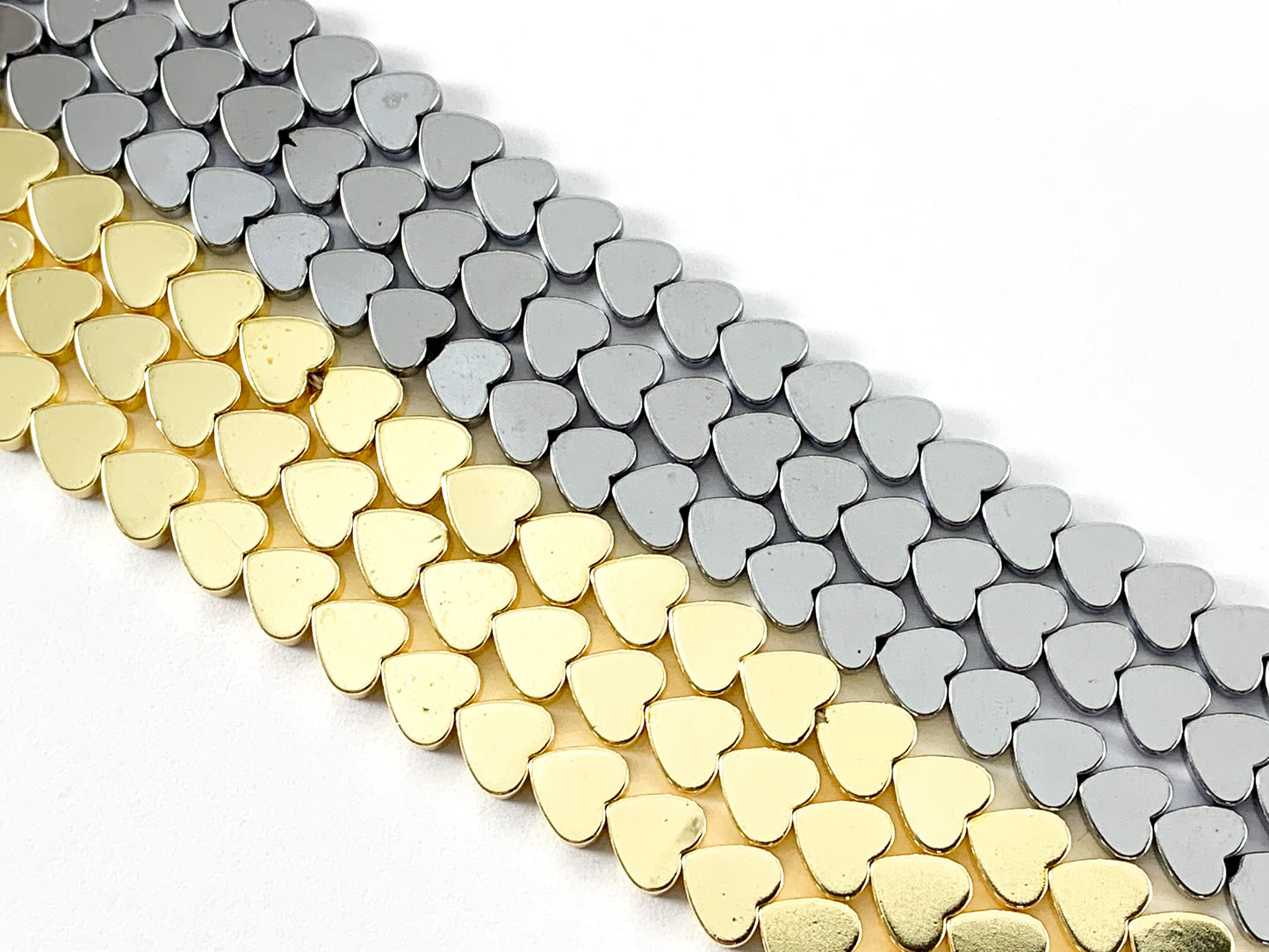 18K Gold/Rhodium Plated Hematite Heart Shiny Beads Around 15"