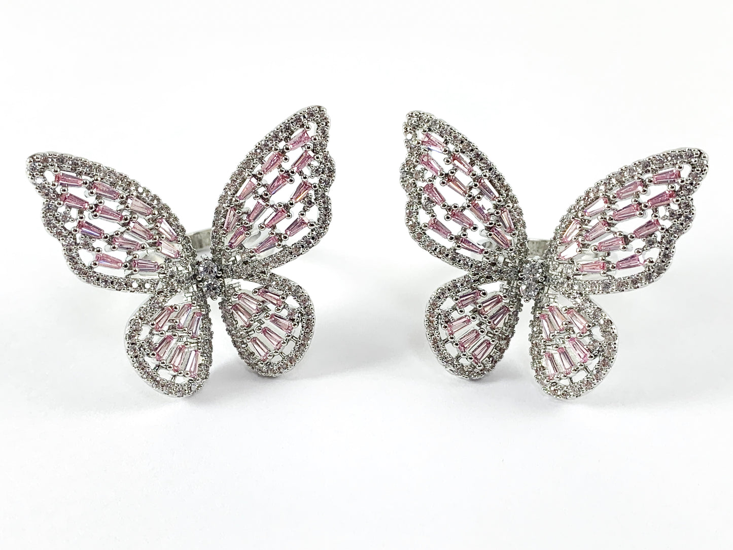 Anillo ajustable de mariposa grande rosa con circonita cúbica de cobre chapado en platino, 3 piezas