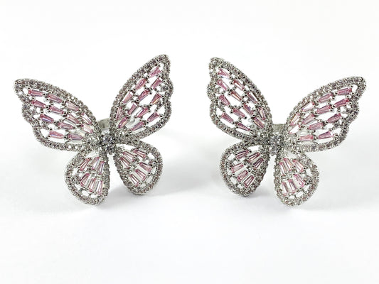 Anillo ajustable de mariposa grande rosa con circonita cúbica de cobre chapado en platino, 3 piezas