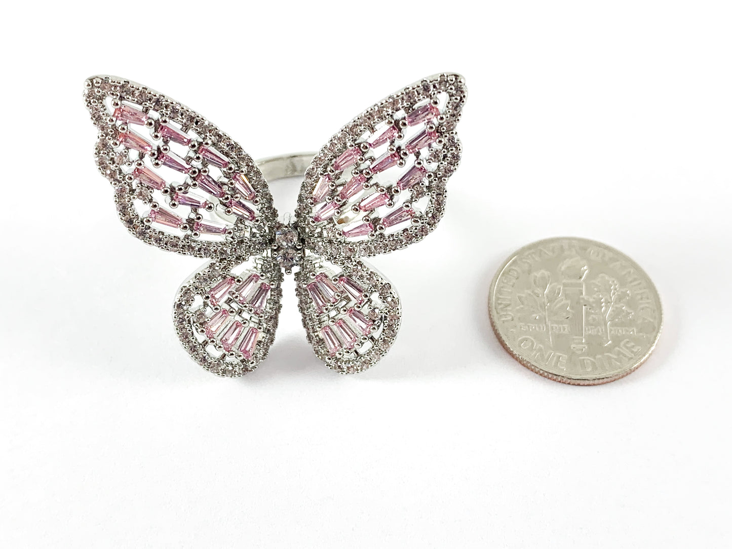 Anillo ajustable de mariposa grande rosa con circonita cúbica de cobre chapado en platino, 3 piezas