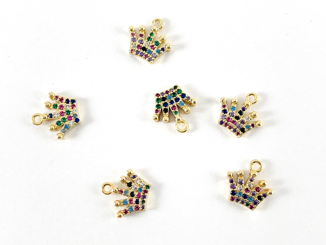 18K Gold Plated CZ Pave Multicolor Crown Pendant Over Brass 6PCS