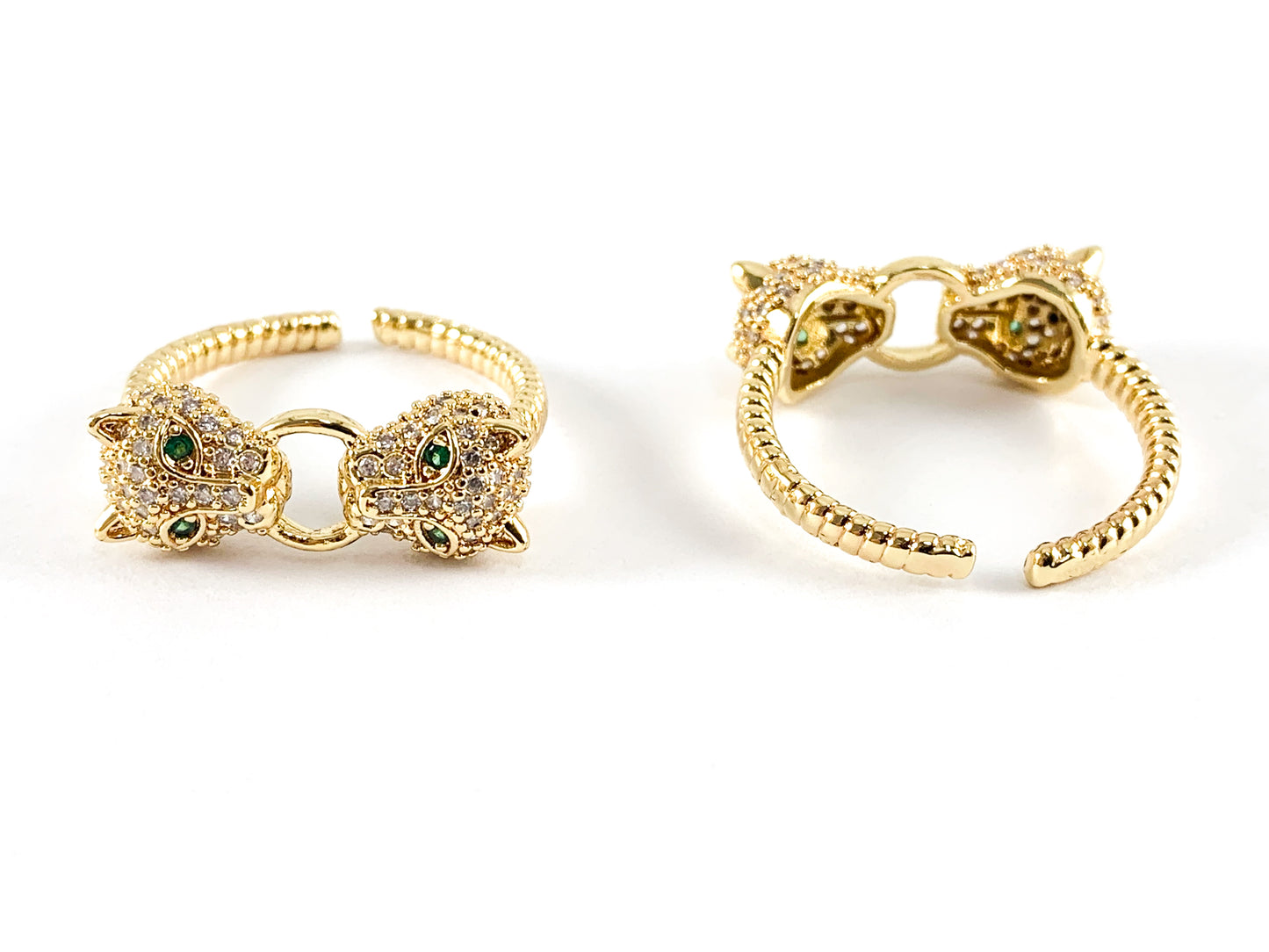 18K Real Gold/Platinum Plated CZ Pave Leopard Head Jaguar Adjustable Ring 3PCS