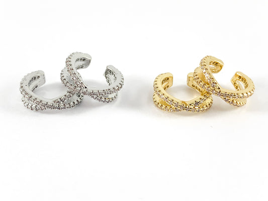 Real Gold 18K/Platinum Plated Copper CZ Pave Double Band Ear Cuffs (No Piercing!!) 4PCS
