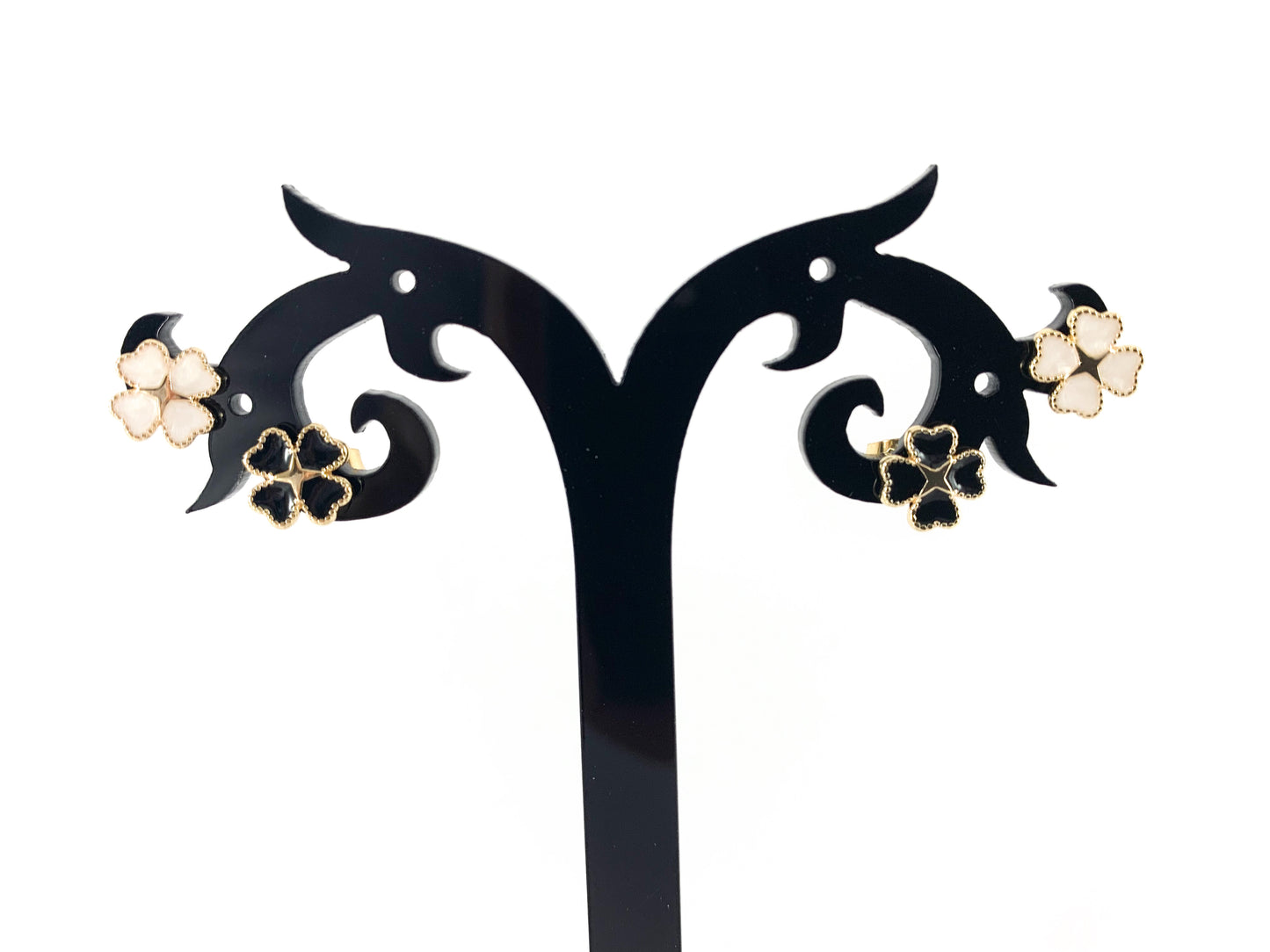 Real 18K Gold Plated Enamel Quatrefoil Clover Earring Stud Over Copper 5 Pairs