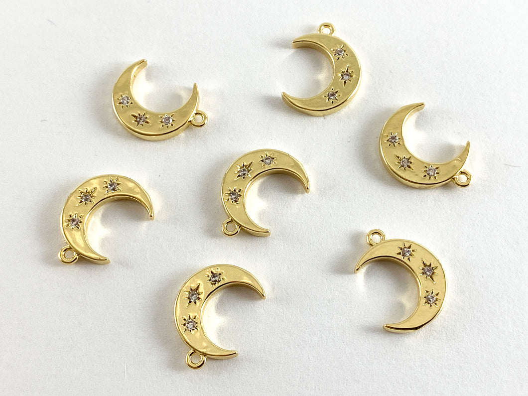 Real Gold 18K Plated Micro CZ Moon Crescent/Star Burst Pave Charm Over Brass 10PCS