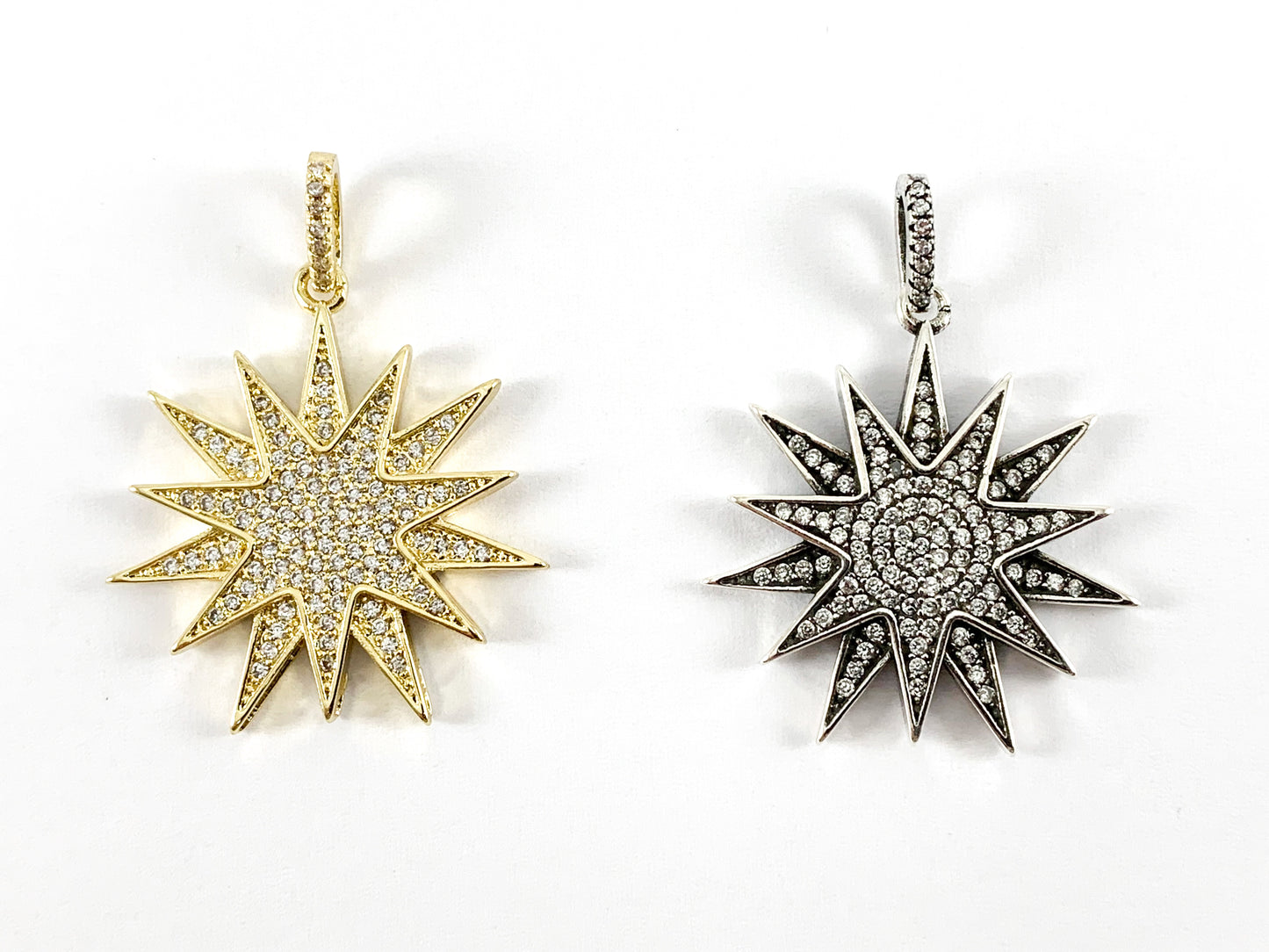 Real 18K Gold/Antique Silver Plated Micro CZ Pave Star Burst Pendant Charm Over Brass 3PCS