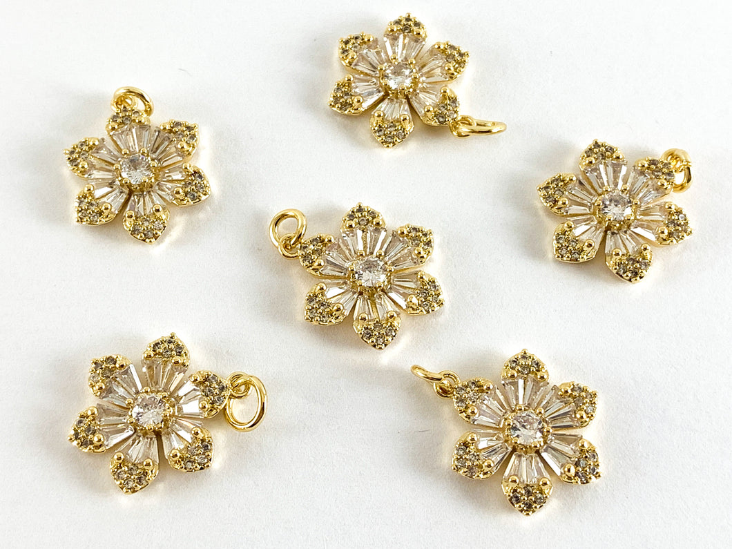 Real Gold 18K Plated Micro CZ Clear & Green Flower Pave Charm Over Brass 6PCS