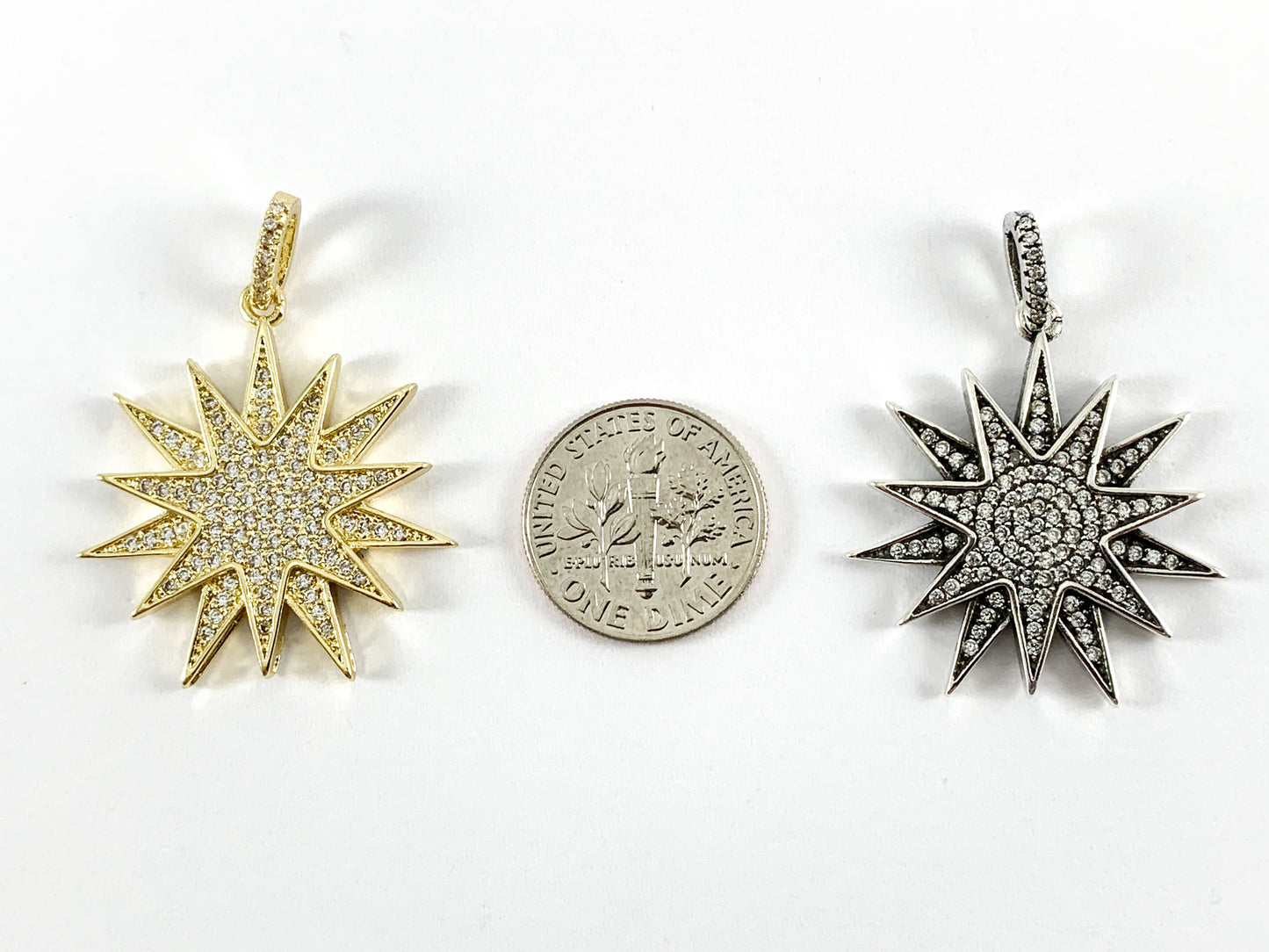 Real 18K Gold/Antique Silver Plated Micro CZ Pave Star Burst Pendant Charm Over Brass 3PCS