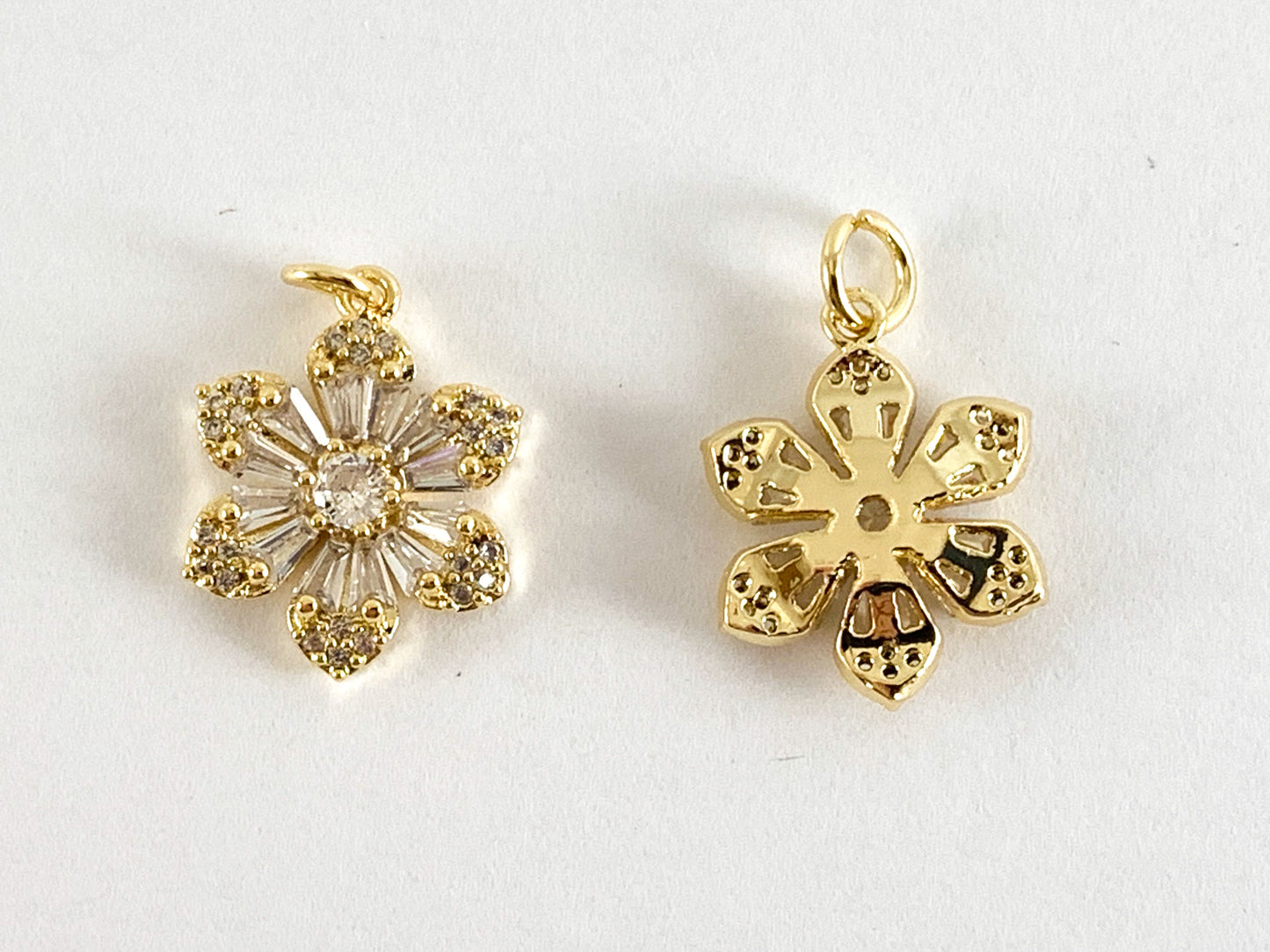 Real Gold 18K Plated Micro CZ Clear & Green Flower Pave Charm Over Brass 6PCS