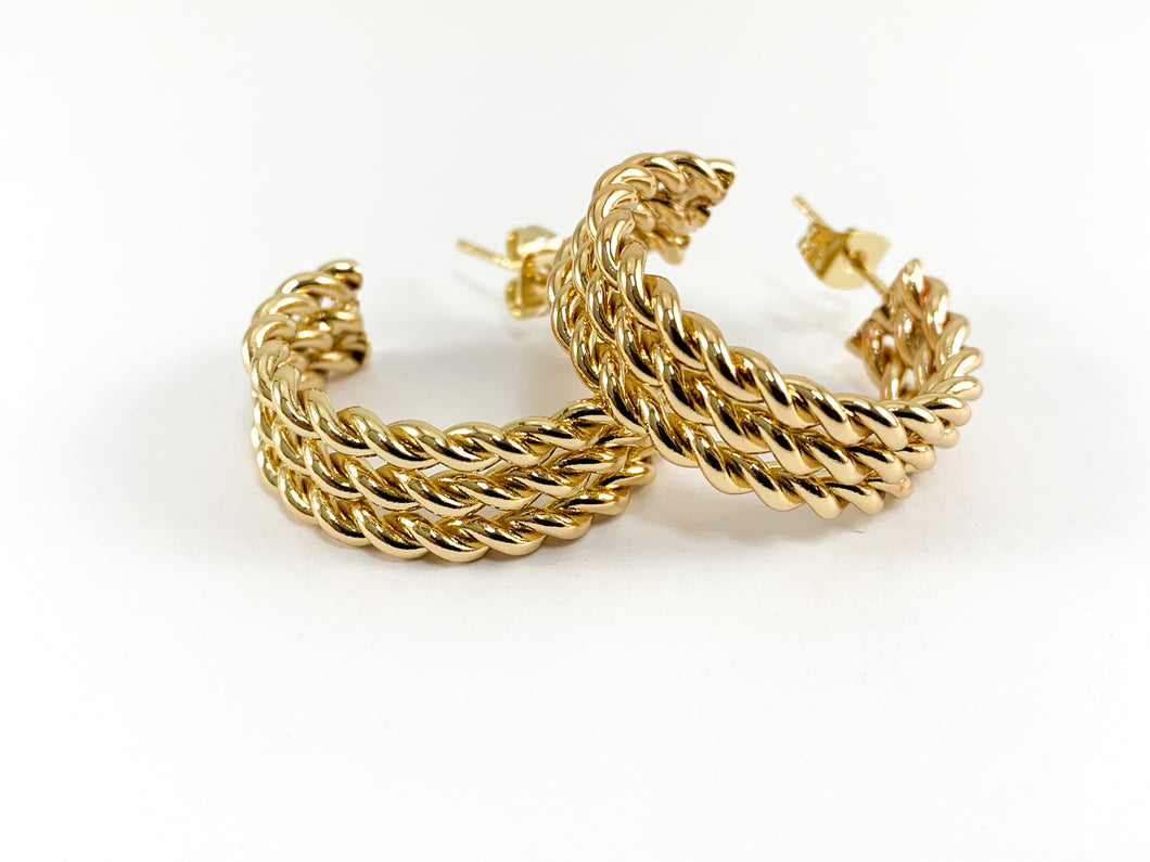 Real Gold 18K Plated Triple Band Twisted Earring Hoops 3 PAIRS