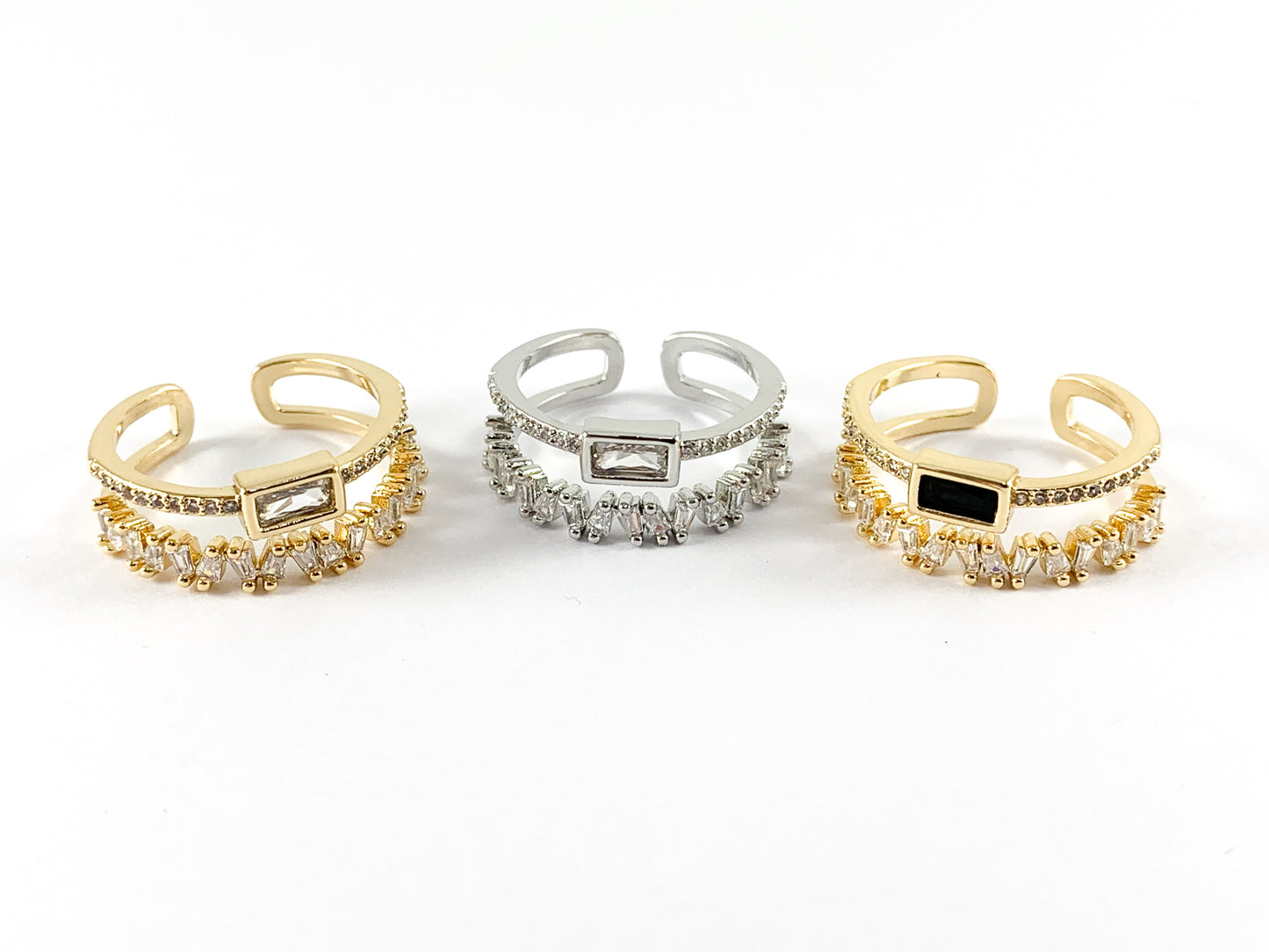 Real 18K Gold and Platinum Plated CZ Pave Adjustable Double Band Ring 4PCS