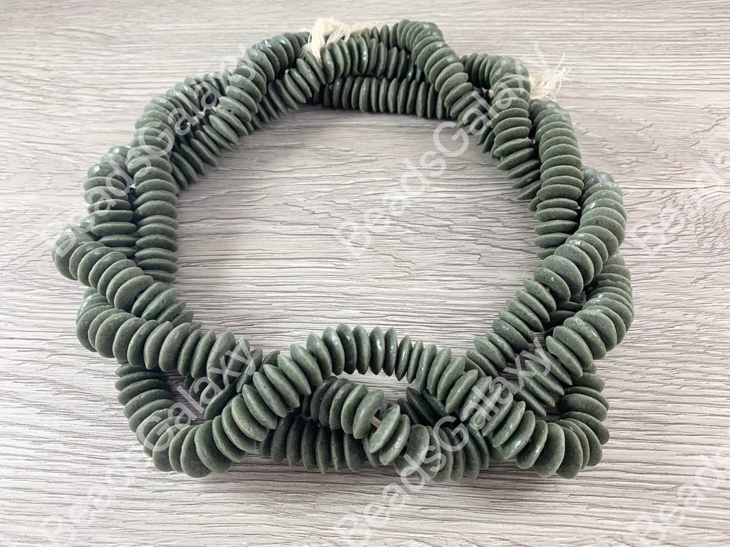 Handmade Dark Green Sea Glass Power Saucer Rondelle Beads From Ghana Africa