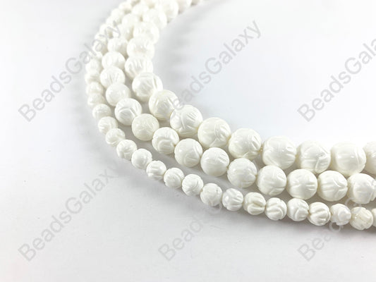 Hand Carved White Tridacnidae/Tridacna Shell Round Beads Around 15"
