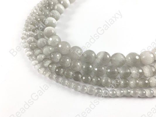 Faceted Round Cat's Eye Dyed Light Gray Beads Around 15"