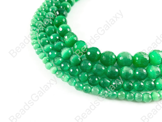 Faceted Round Cat's Eye Dyed Green Beads Around 15"