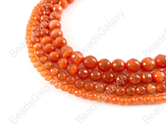 Faceted Round Cat's Eye Dyed Orange Beads Around 15"