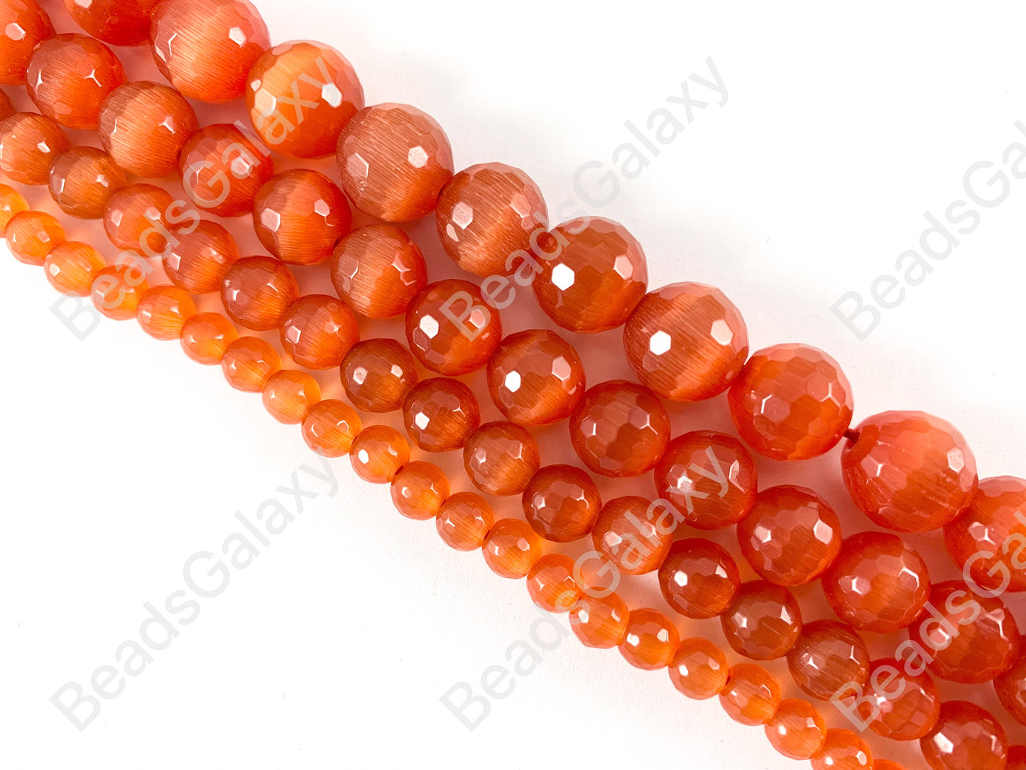 Faceted Round Cat's Eye Dyed Orange Beads Around 15"