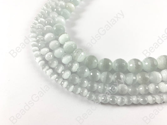Faceted Round Cat's Eye Dyed White Beads Around 15"