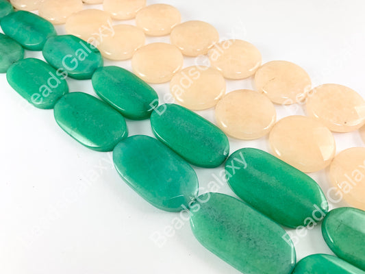 Dyed Green Jade Oval & Dyed Peach Jade Coin Faceted Flat Stone Beads Around 15"
