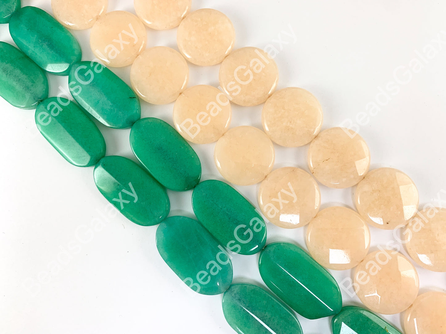 Dyed Green Jade Oval & Dyed Peach Jade Coin Faceted Flat Stone Beads Around 15"