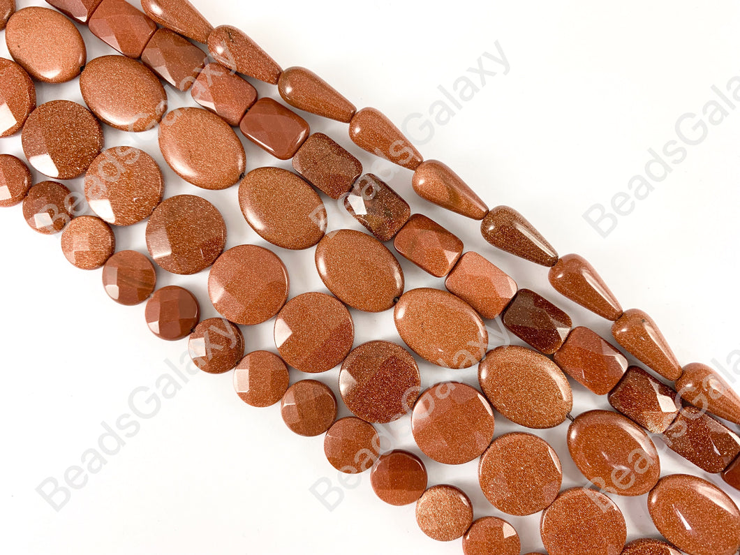 Reddish-Brown Glittering Goldstone Teardrop/ Rectangle/ Oval/ Coin Shape Flat Beads Around 15