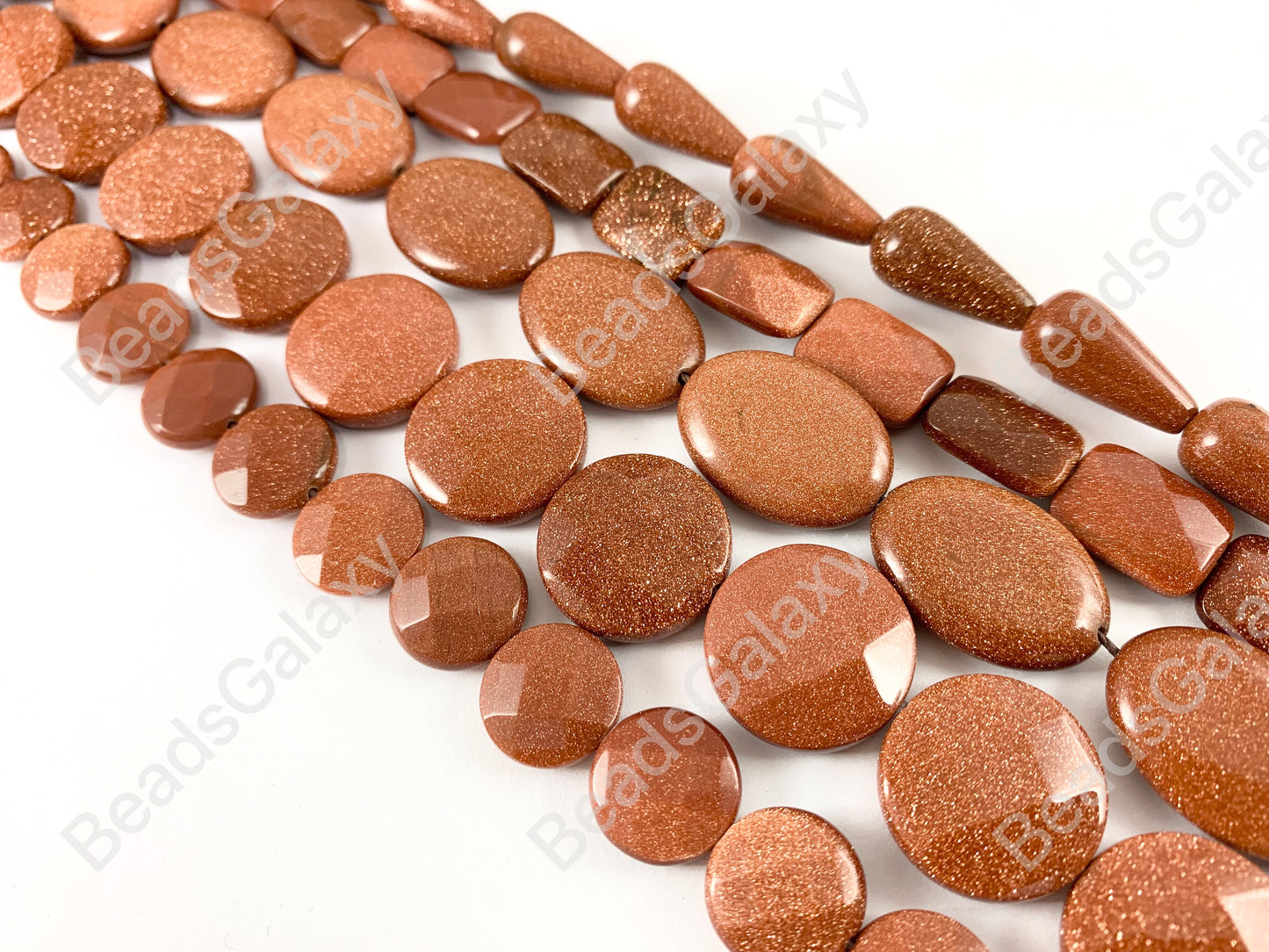 Reddish-Brown Glittering Goldstone Teardrop/ Rectangle/ Oval/ Coin Shape Flat Beads Around 15"