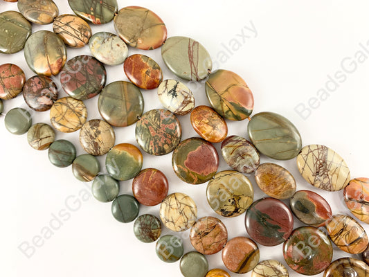 Picasso Jasper/Red Creek Jasper Coin & Oval Smooth Natural Gemstone Beads 14"- 15"