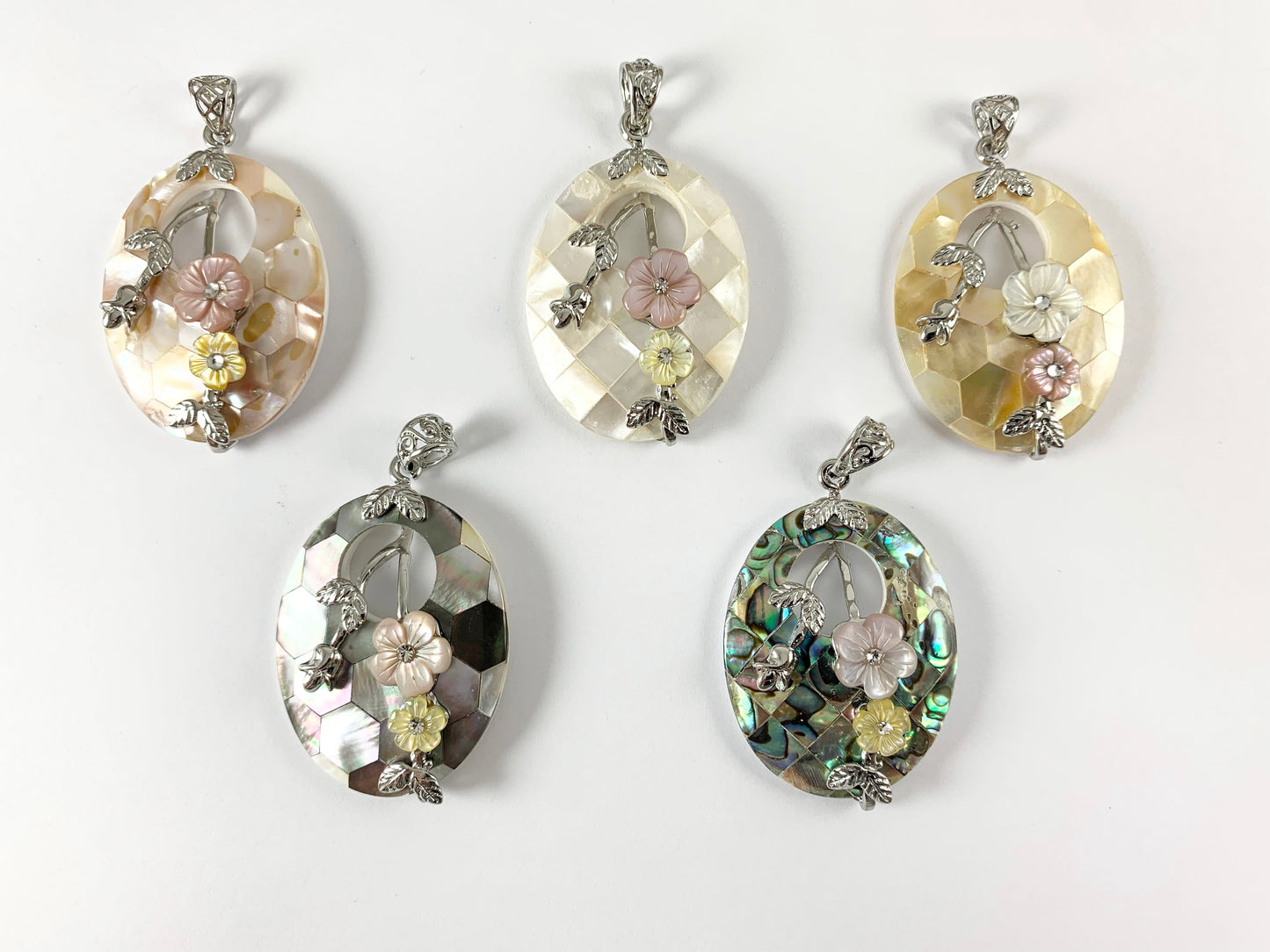 Abalone & Colorful Shell Oval Pendant with Flowers