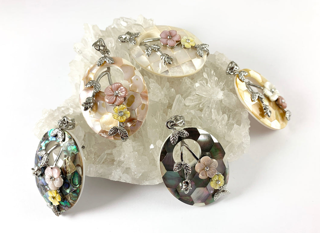 Abalone & Colorful Shell Oval Pendant with Flowers