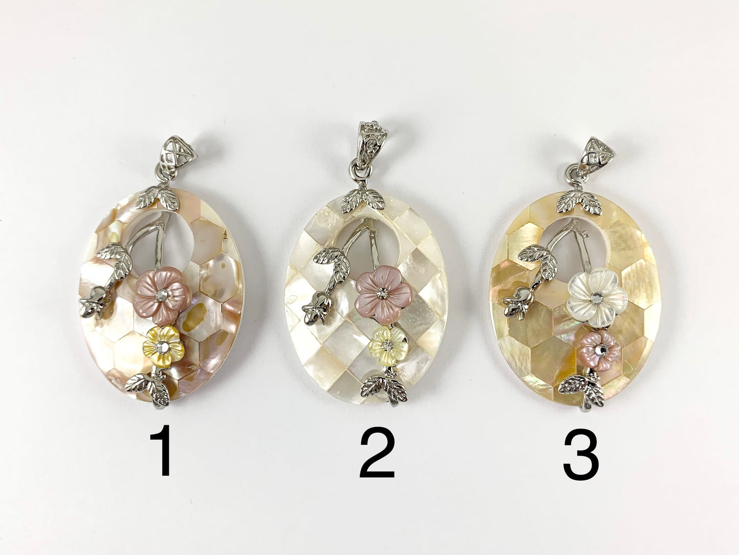 Abalone & Colorful Shell Oval Pendant with Flowers