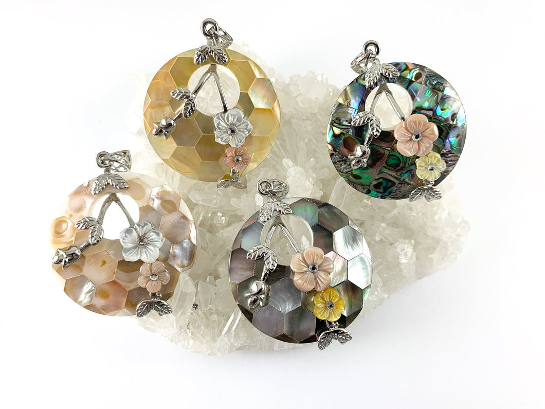 Abalone & Colorful Shell Coin Pendant with Flowers