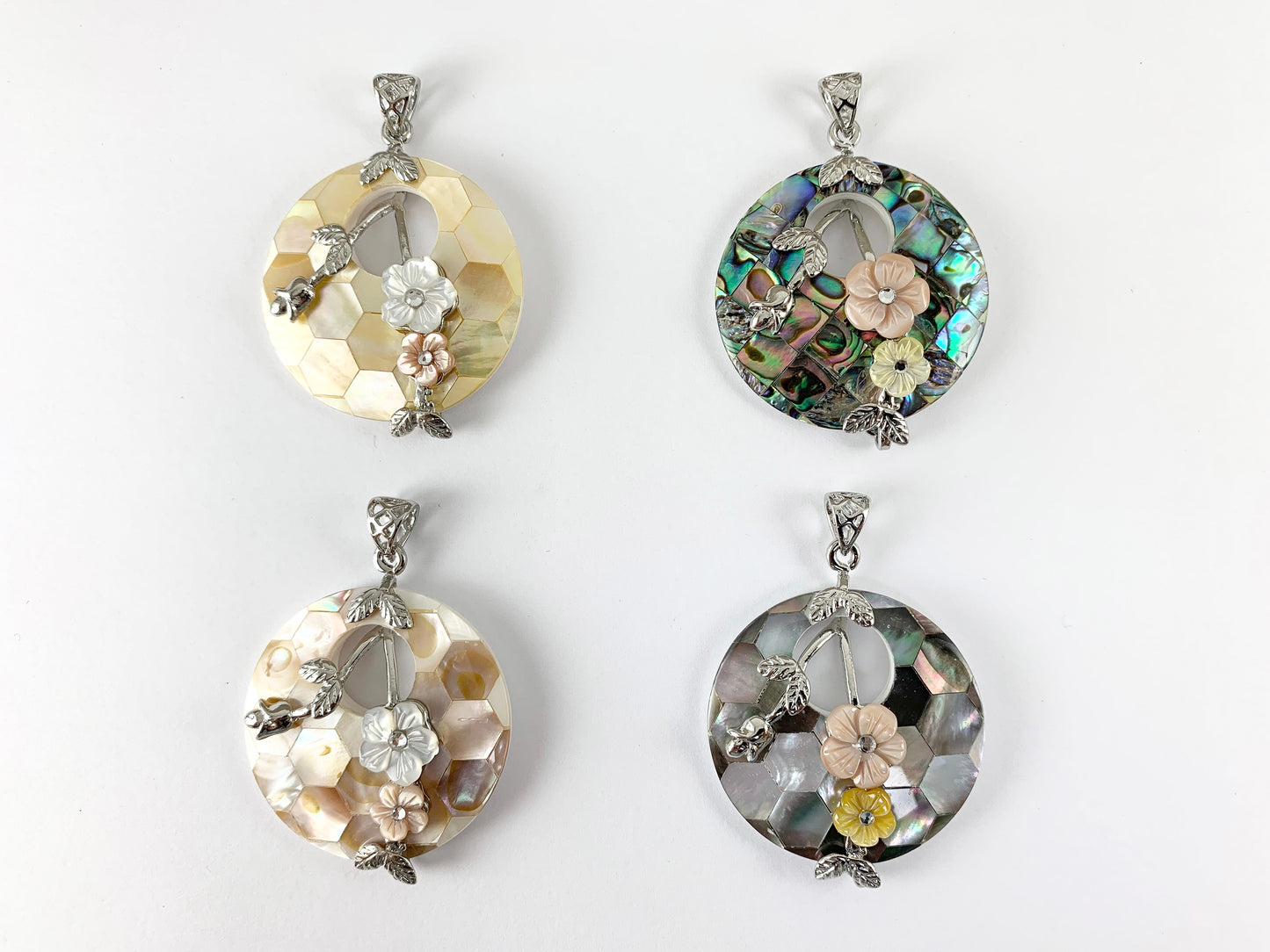 Abalone & Colorful Shell Coin Pendant with Flowers