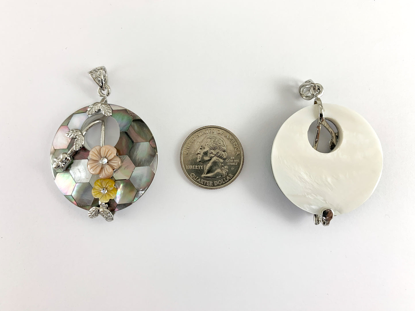 Abalone & Colorful Shell Coin Pendant with Flowers