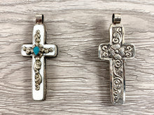 Load image into Gallery viewer, Tibetan Silver Bone Cross Pendant with Turquoise
