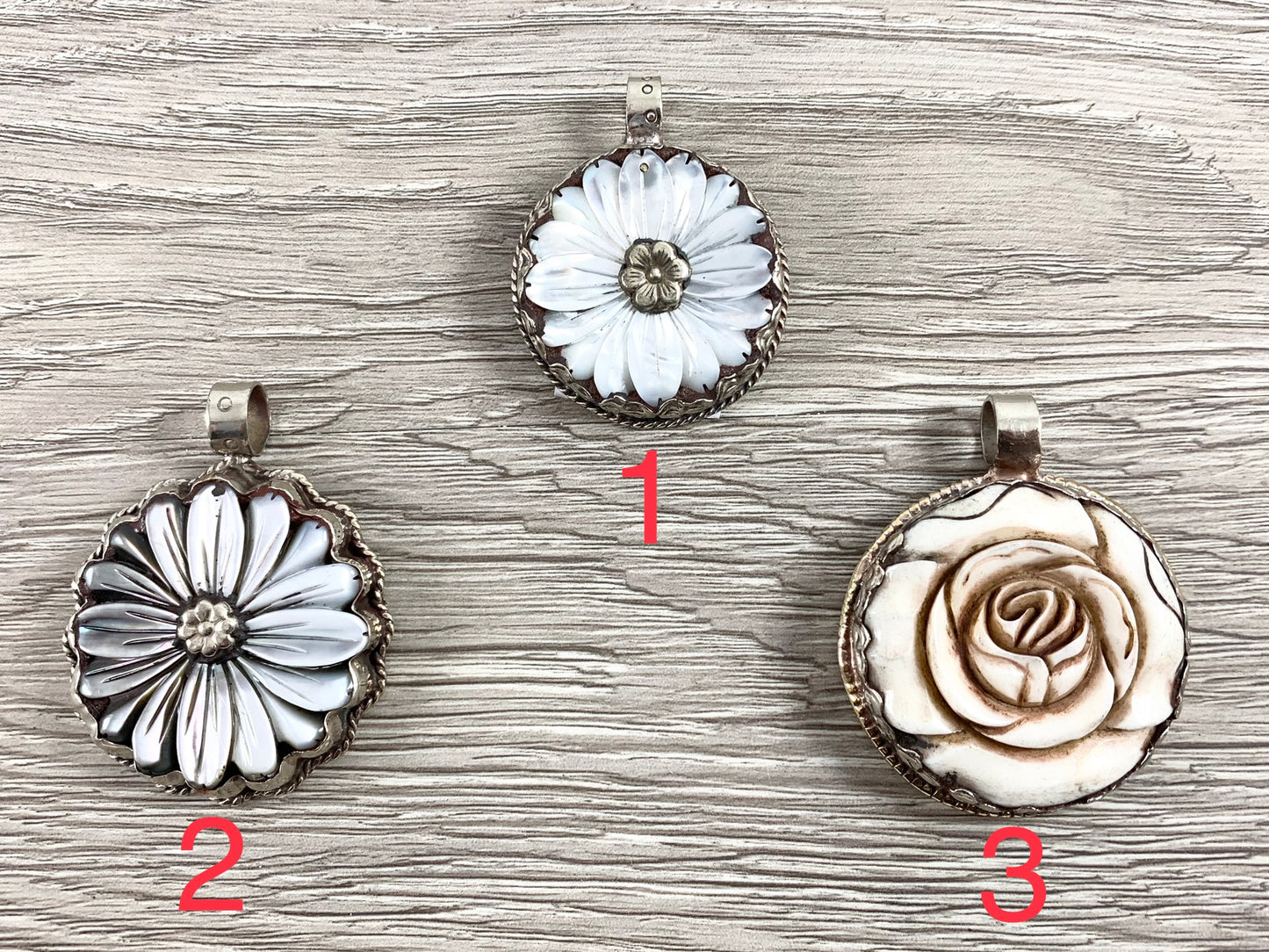 Tibetan Silver Bone Flower Pendant And White Lip Shell Flower Pendant Handmade Hand Carved Pendant