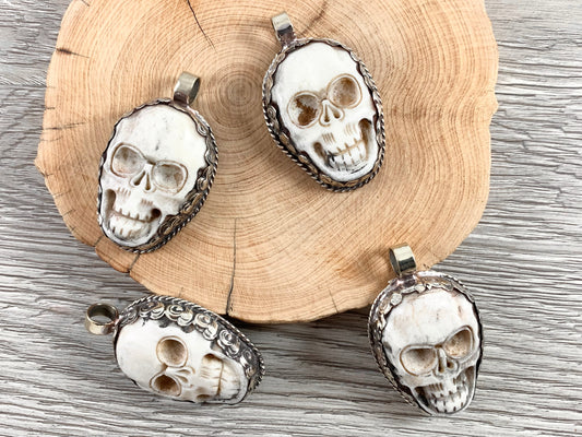 Tibetan Silver Bone Skull Pendant Handmade Hand Carved Pendant