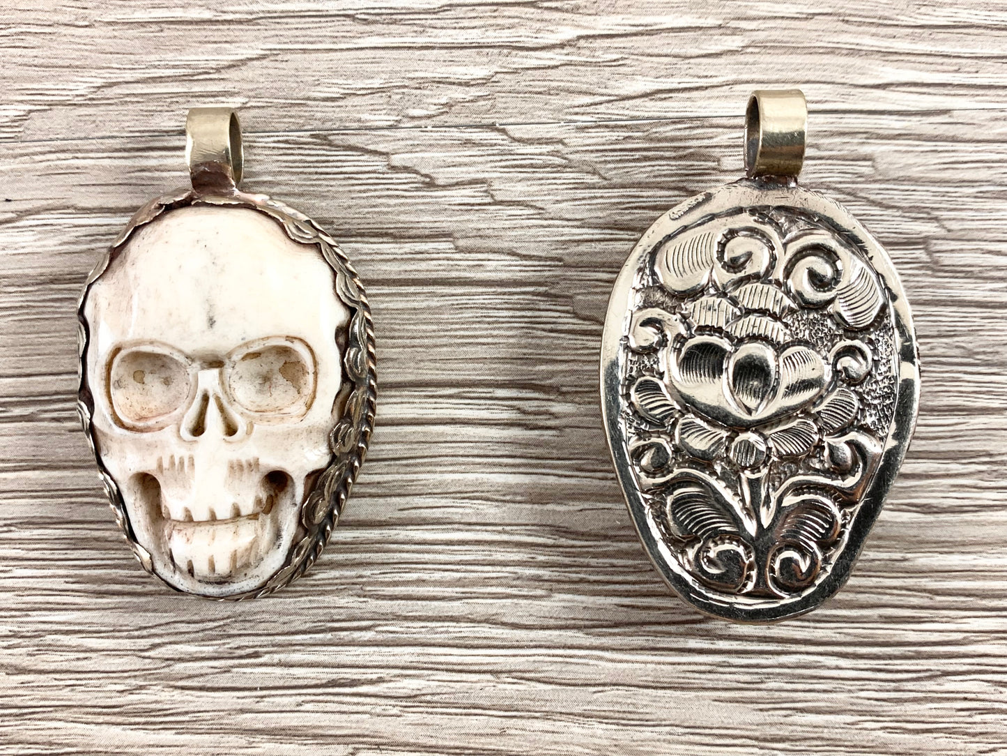 Tibetan Silver Bone Skull Pendant Handmade Hand Carved Pendant