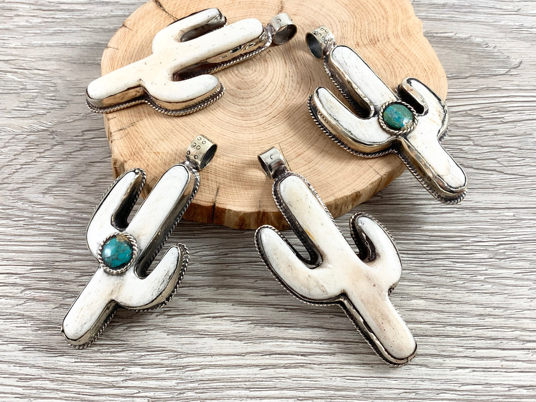 Tibetan Silver Bone Cactus Pendant with Turquoise Handmade Pendant