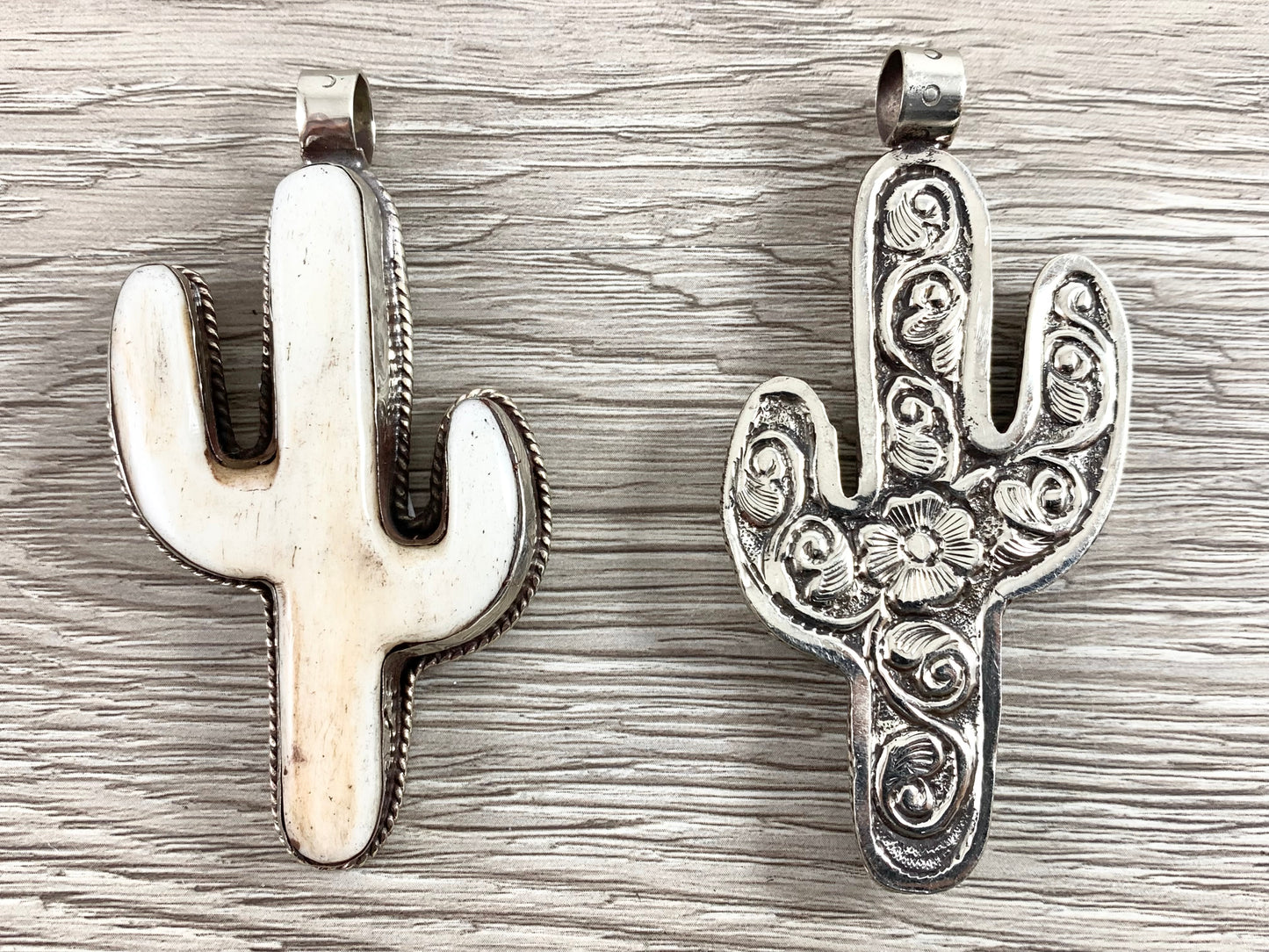 Tibetan Silver Bone Cactus Pendant with Turquoise Handmade Pendant