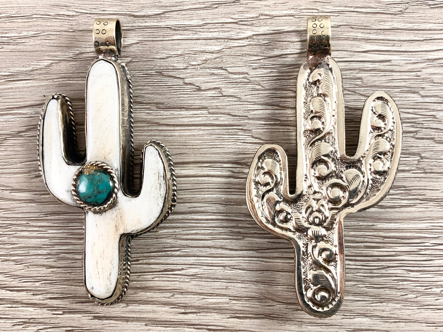 Tibetan Silver Bone Cactus Pendant with Turquoise Handmade Pendant