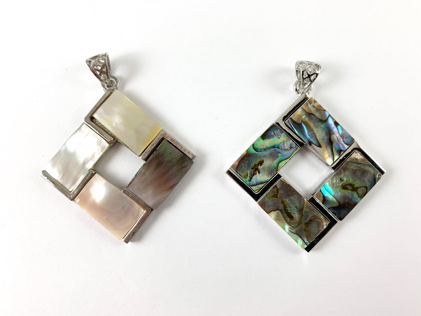 Abalone & Shell Diamond Shape Silver Pendant Pink Conch/ White Lip/Black Lip Shell/ Yellow Trocas Shell For Jewelry Making and Craft