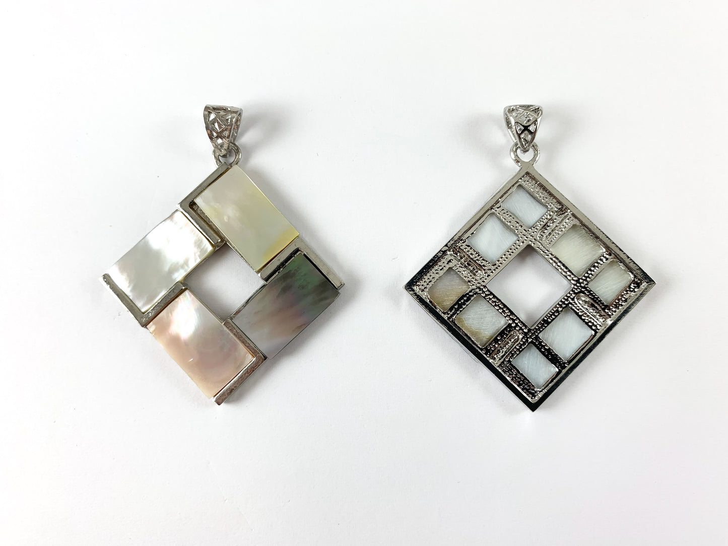 Abalone & Shell Diamond Shape Silver Pendant Pink Conch/ White Lip/Black Lip Shell/ Yellow Trocas Shell For Jewelry Making and Craft