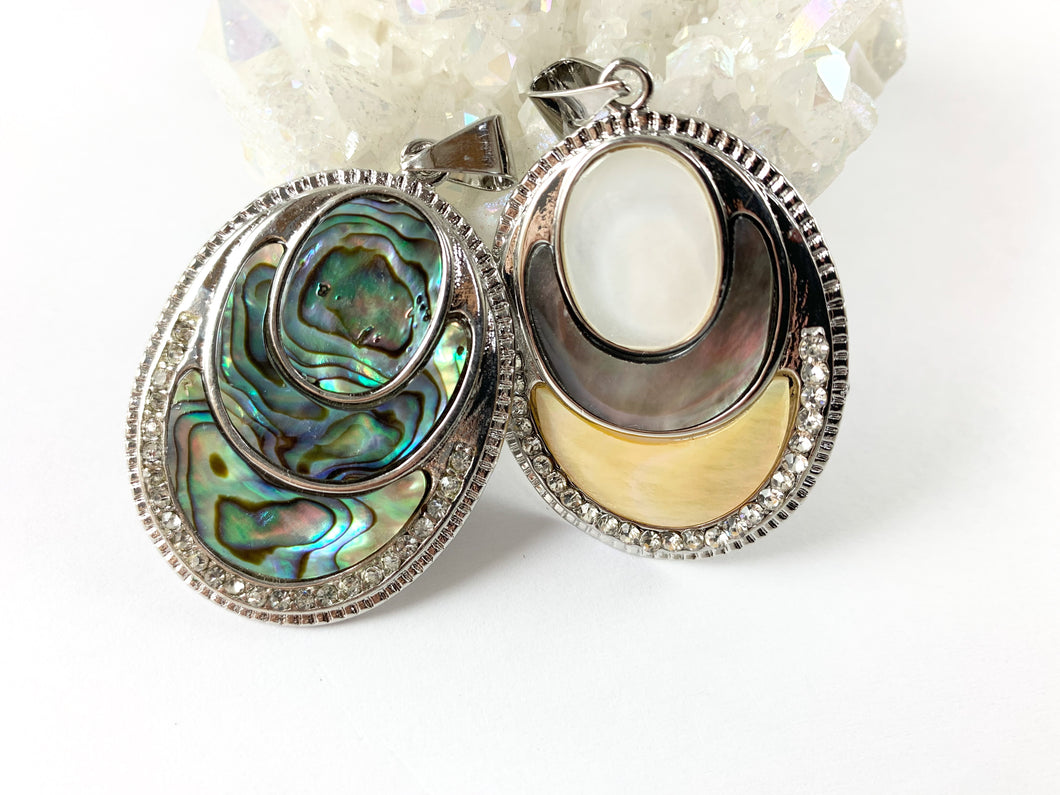 Abalone & Shell Oval Shape Silver Rhinestone Pendant White Lip/Black Lip Shell/ Yellow Trocas Shell For Jewelry Making and Craft