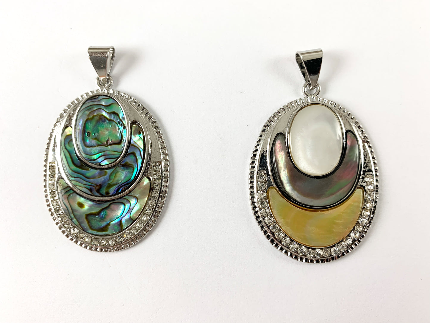 Abalone & Shell Oval Shape Silver Rhinestone Pendant White Lip/Black Lip Shell/ Yellow Trocas Shell For Jewelry Making and Craft