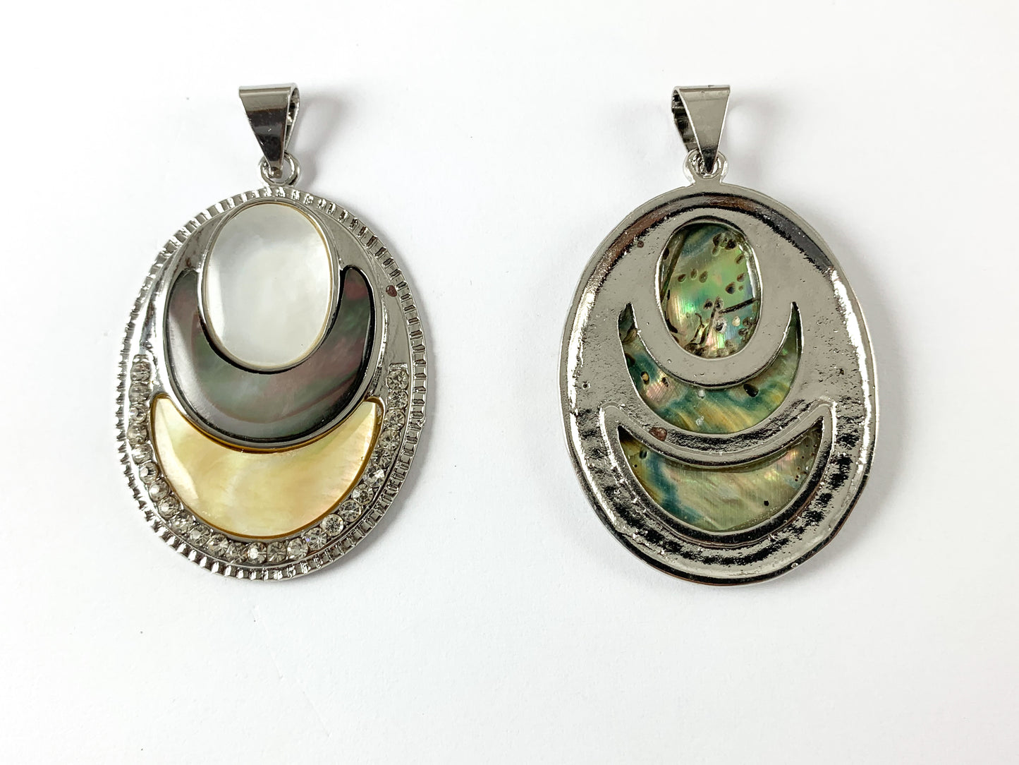 Abalone & Shell Oval Shape Silver Rhinestone Pendant White Lip/Black Lip Shell/ Yellow Trocas Shell For Jewelry Making and Craft