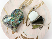 Load image into Gallery viewer, Abalone &amp; Colorful Shell Sideway Heart Silver Rhinestone Pendant White Lip/Black Lip Shell/ Yellow Trocas Shell For Jewelry Making and Craft
