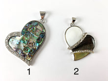 Load image into Gallery viewer, Abalone &amp; Colorful Shell Sideway Heart Silver Rhinestone Pendant White Lip/Black Lip Shell/ Yellow Trocas Shell For Jewelry Making and Craft
