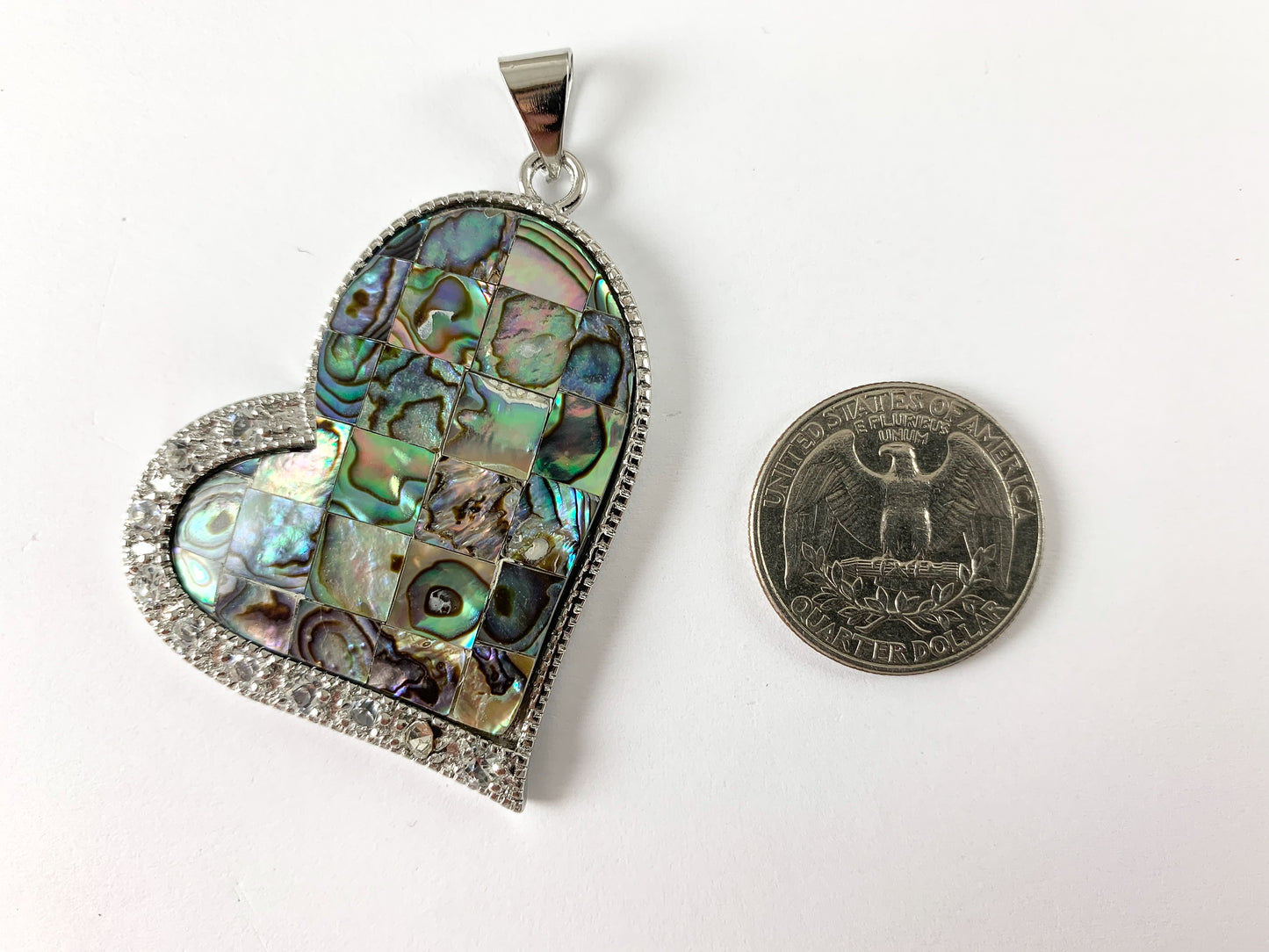 Abalone & Colorful Shell Sideway Heart Silver Rhinestone Pendant White Lip/Black Lip Shell/ Yellow Trocas Shell For Jewelry Making and Craft