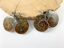 Load image into Gallery viewer, Beautiful Ancient Natural Ammonite Fossil Pair Pendant with Silver Trim, Friendship Pendant/Couple Pendant
